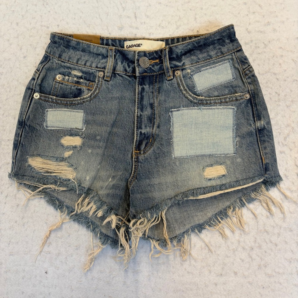 Garage Festival Shorts Womens Size 0 Blue Denim Distressed Patch High Rise